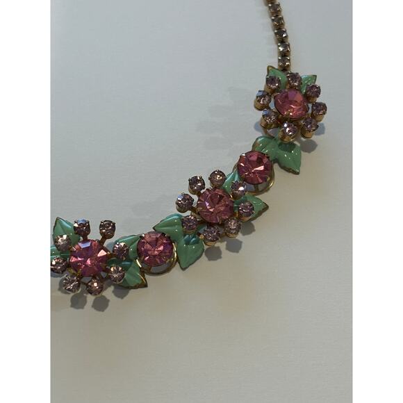 Vintage 40's Pink Purple Rhinestones Green Enamel Necklace - Picture 5 of 7